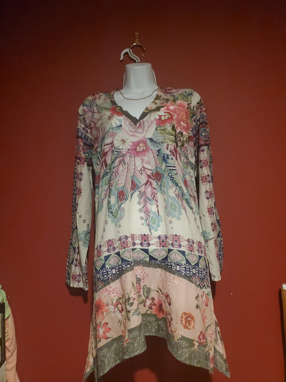 Johnny Was Floral Boho V-Neck Long Sleeve Tunic Dress - Cream Multi